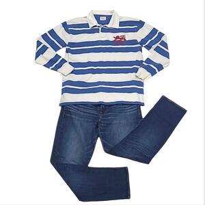 American Eagle Rugby Polo Shirt Long Sleeve Top Colorblock Stripes Graphic Tee